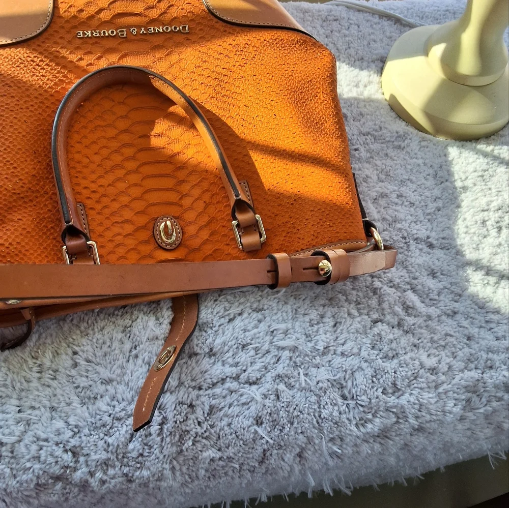 Dooney & Bourke Ostrich Orange and Brown Tote with Structured Design - Picture 9 of 14